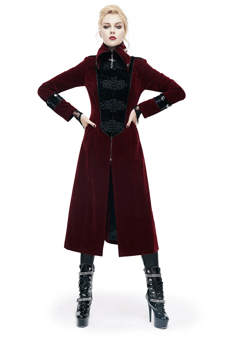 Women Embossed Long Red Coat In Gothic Style / High Collar Alternative Fashion Outerwear