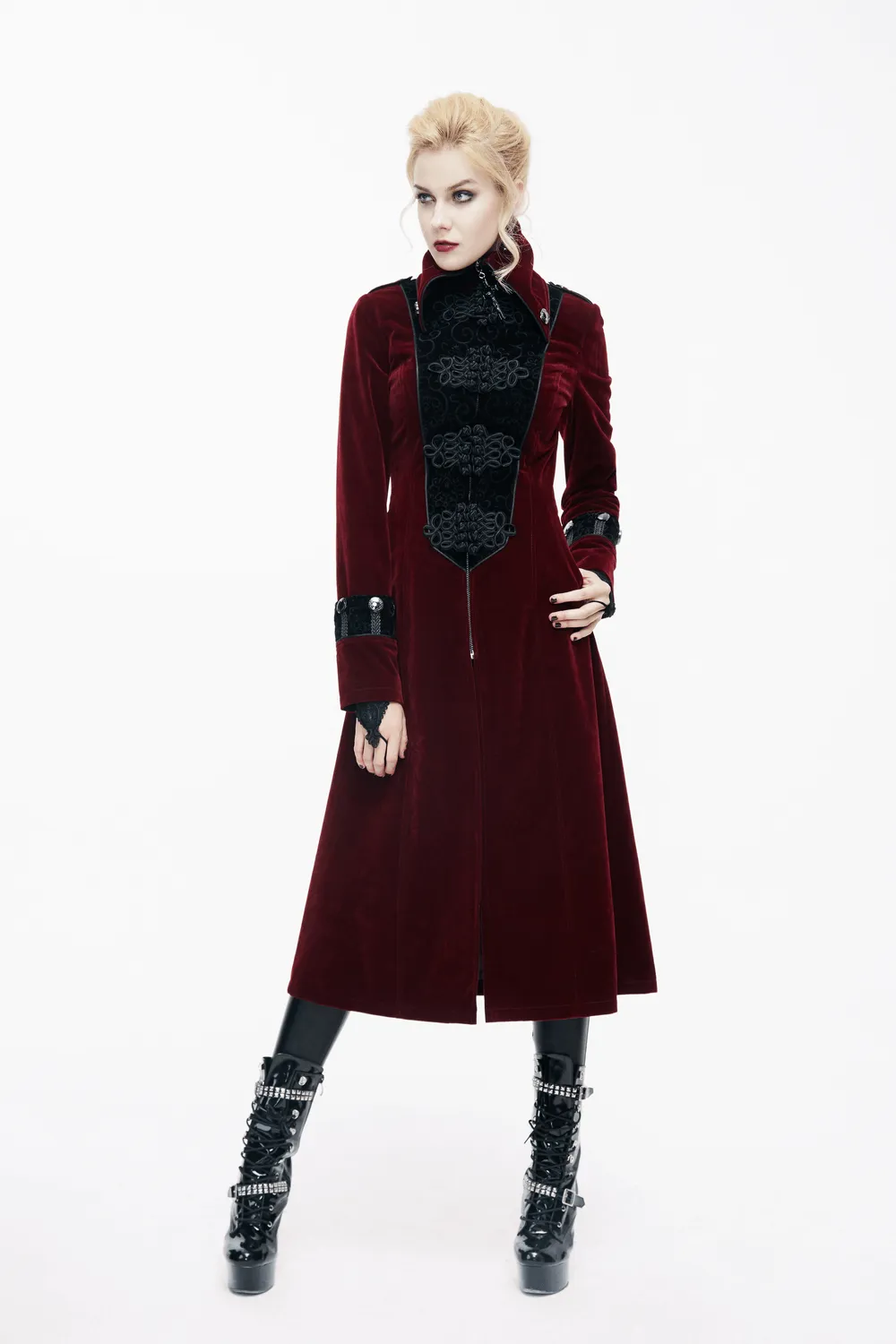 Women Embossed Long Red Coat In Gothic Style / High Collar Alternative Fashion Outerwear