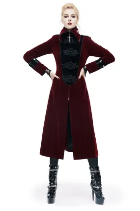 Women Embossed Long Red Coat In Gothic Style / High Collar Alternative Fashion Outerwear