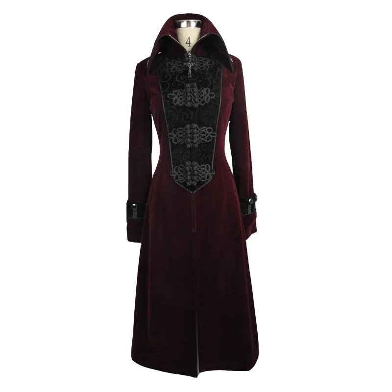 Women Embossed Long Red Coat In Gothic Style / High Collar Alternative Fashion Outerwear