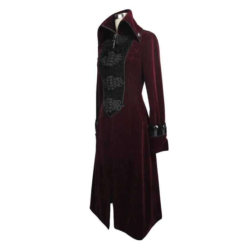 Women Embossed Long Red Coat In Gothic Style / High Collar Alternative Fashion Outerwear