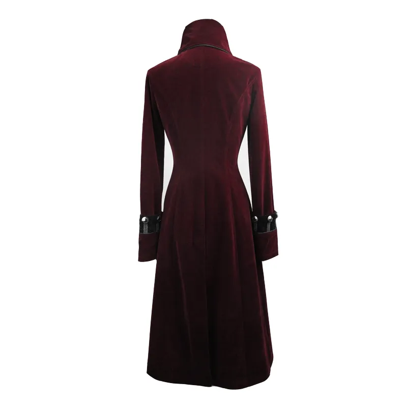 Women Embossed Long Red Coat In Gothic Style / High Collar Alternative Fashion Outerwear