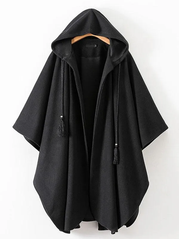 Women Poncho Hooded Black Poncho Oversized Tassels Cape